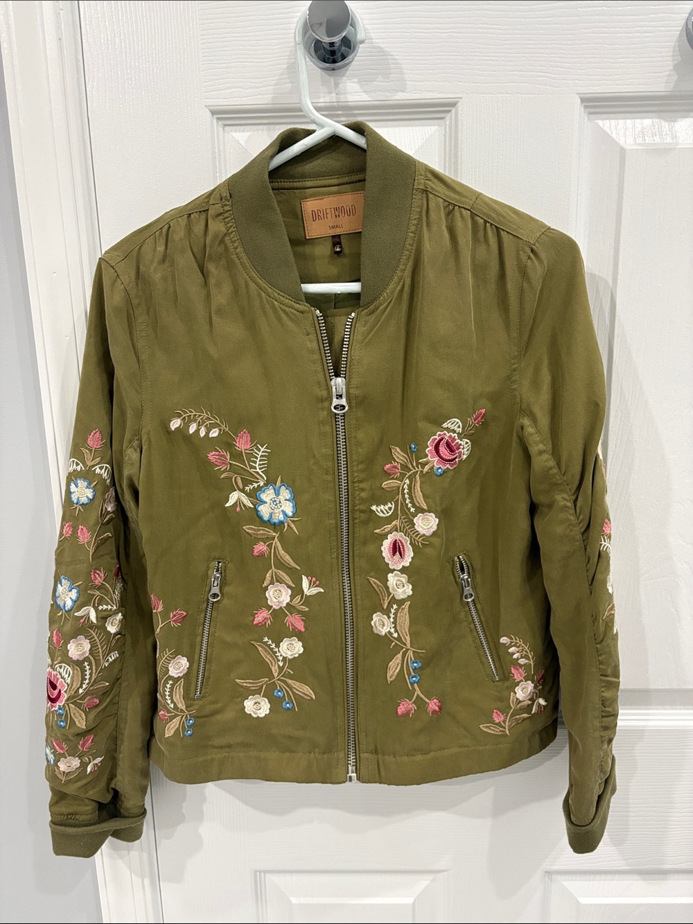 DRIFTWOOD Olive Embroidered Floral Bomber Jacket